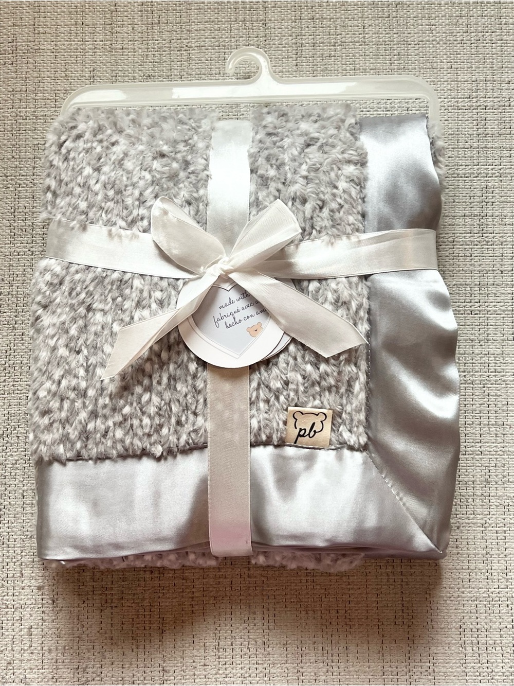 Piccolo Bambino Baby Blanket Grey Plush Knit Satin Trim NWT 30x36